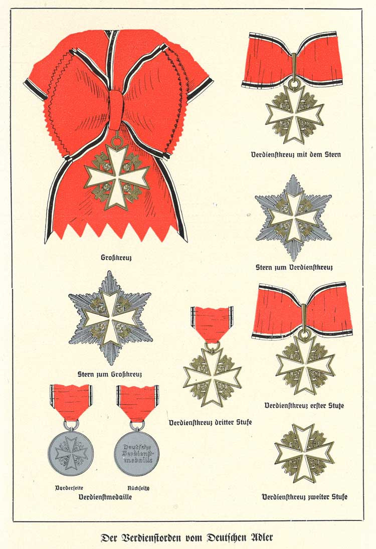 Figure 1: Color Plate as found in “Das Dritte Reich”, “Das fuenfte Jahr 1937”, Hummelverlag, Berlin, shows the lineup as created on May 1, 1937, but mistakenly shows the 6 pointed star to the Merit Cross with Star as star to the Grand Cross. The Grand Cross star is an eight pointed star